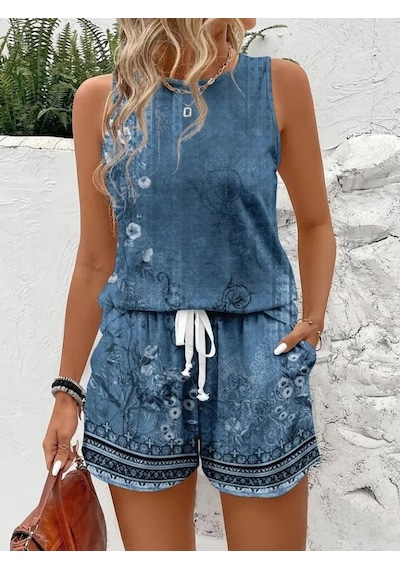 Buğrahayalin Kadın Askılı Yuvarlak Yaka Çiçek Baskılı Süprme Bluz Ve Short Ikili Takım Mavi Buğrahayalin Kadın Askılı Yuvarlak Yaka Çiçek Baskılı Süprme Bluz Ve Short Ikili Takım Mavi