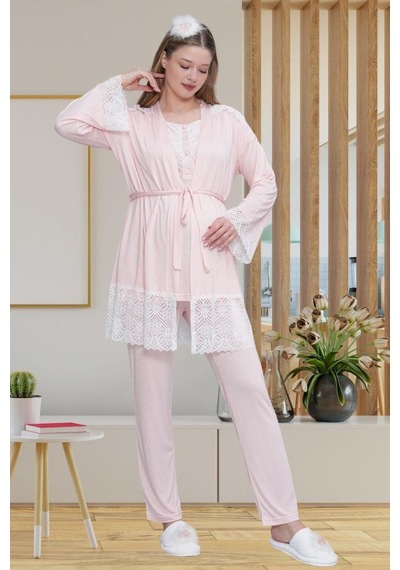 Mecit Pijama Mecit 6203 Kadın Pembe Sabahlıklı Hamile Lohusa Pijama Takımı