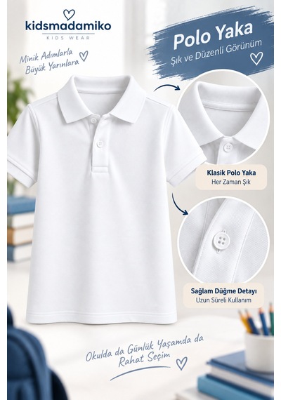 Kidsmadamiko Erkek Çocuk Kısa Kollu Okul Polo Yaka T-shirt 5-17 Yaş Bedenler Yaşlarla BEYAZ