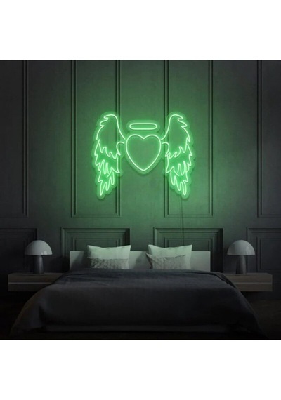 Kanatlı Kalp Şekilli Neon Tabela Yeşil