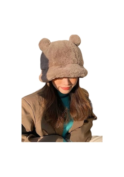 Uniquetrenders Kadın Sevimli Ayı Kulak Peluş Bucket Şapka Vizon