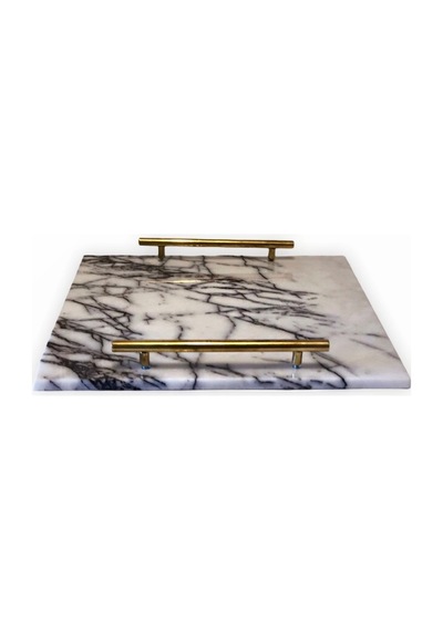 Lux & Marble Storm, Damarlı Beyaz Mermer Pirinç Kulplu Kare Tepsi