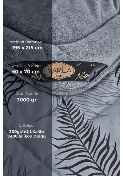 Palm Gri Desenli Çift Kişilik Çift Taraflı Wellsoft Yorgan Seti - Gri - 195x215