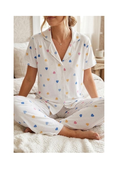 Fit Women Renkli Kalp Desenli Düğmeli Kısa Kollu Pijama Takımı 4591 Kar Beyaz