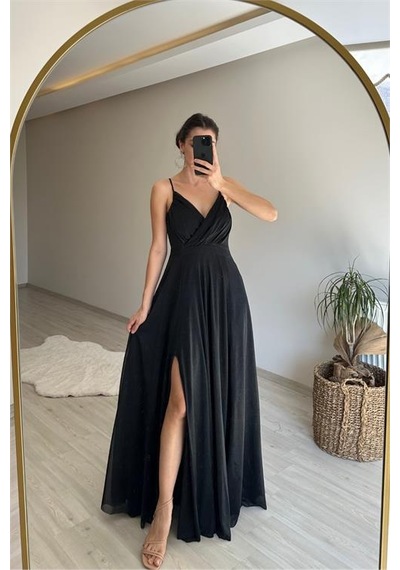 Neşeli Butik Kadın Işıltılı Askılı Yırtmaç Detayı Şifon Abiye Elbise Nm002 Siyah