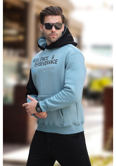 Madmext Mavi Kapüşonlu Cep Detaylı Baskılı Erkek Sweatshirt 7058-mavi Mavi