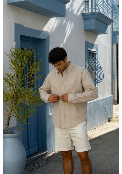 Respire Erkek Minimal Baskılı Oversize Dokulu Gömlek Bej