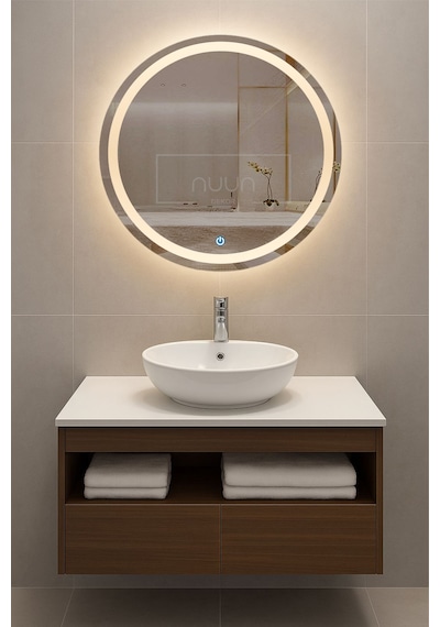 Aurora 60cm Banyo Dolabı Seti Yuvarlak Ledli Dokunmatik Ayna + Mdf Lavabo Dolabı + Seramik Lavabo Ceviz - Beyaz Aurora 60cm Banyo Dolabı Seti Yuvarlak Ledli Dokunmatik Ayna + Mdf Lavabo Dolabı + Seramik Lavabo Ceviz - Beyaz