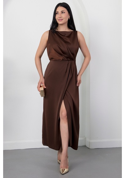 Kalopya Kare Yaka Beli Büzgülü Yırtmaçlı Elbise Yzc25y223 A.kahve