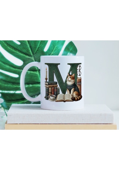 M Harf Kedi Ve Kitaplar Figürleri İle Kupa Bardak - Kitap Ve Kedi Severlere Özel - Manevi Hediye Beyaz
