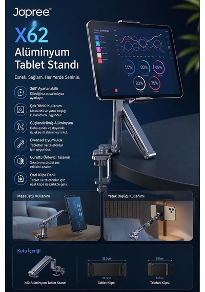 Tr Alüminyum Tablet Standı, 360 Dönebilen Masa Kelepçeli Telefon Ve Tablet Tutucu, Çok Eksenli Ayarlanabilir Katl