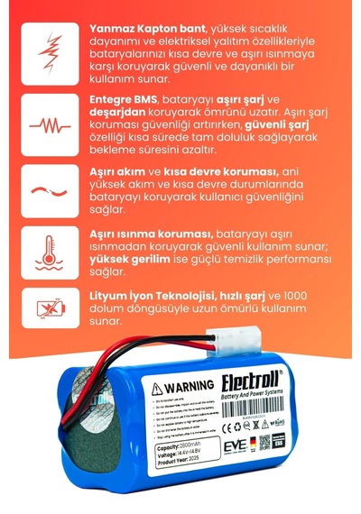 Xiaomi Robot Vacuum E10 Uyumlu Batarya Yüksek Kapasite 2800mah Robot Süpürge Bataryası - B112