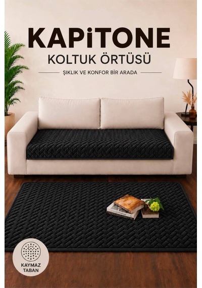 Tek Parça Kaymaz Taban Kapitone Koltuk Örtüsü Çekyat Kanepe Örtüsü 90x200 Siyah Siyah