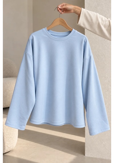 Bb Butik Basic Kadın Modal Oversize Bisiklet Yaka Sweatshirt Zg3535 Mavi
