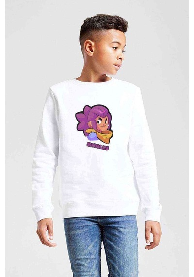 Tshirthane Brawl Stars - Shelly Baskılı Unisex Çocuk Beyaz Sweatshirt