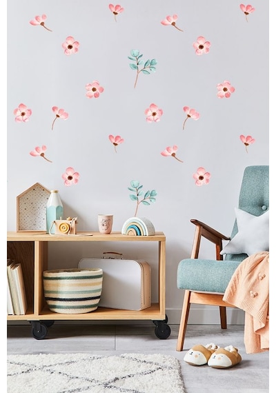 Pembe Çiçek Temalı 20 Parça Çocuk Ve Bebek Odası Dekoratif Duvar Sticker Seti Figür 2
