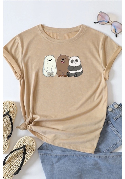 Unisex Kafadar Ayılar Baskılı Tasarım Tshirt Bej