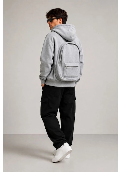 Tarzyeri Erkek 3 İplik Şardonlu Tam Fermuarlı Kapüşonlu Arka Çanta Detaylı Sweatshirt - Gri