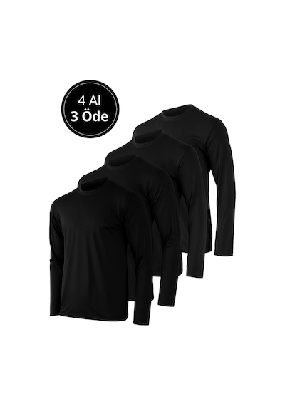 Rich Erkek Siyah 4'lü Paket Basic Uzun Kollu Tişört Sporcu Body T-shirt Siyah