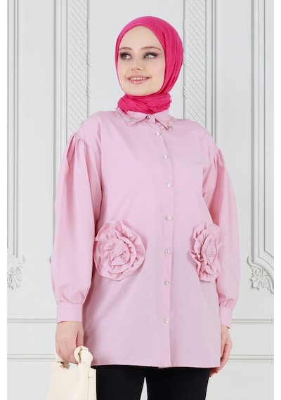 Sevitli Önü Gül Detaylı Tunik-pembe-3635-pembe Pembe