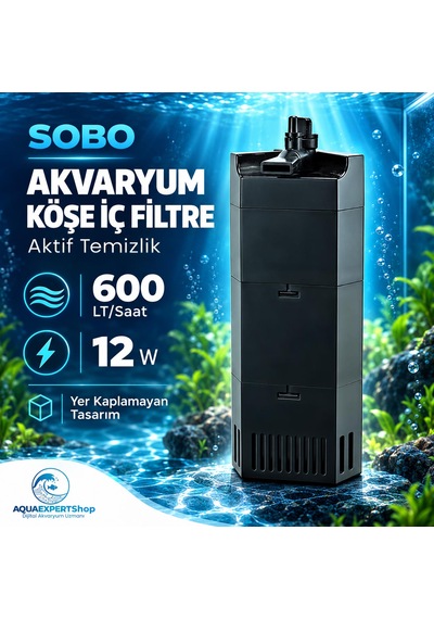 Sobo Akvaryum Köşe İç Filtre - Aktif Temizlik - 600 Lt/saat - 12w - Yer Kaplamayan Tasarım - Siyah