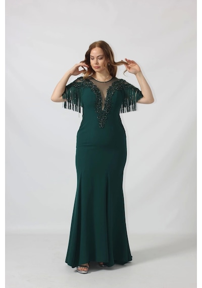 Moda Berray 80099 İşlemeli Püsküllü Büyük Beden Uzun Abiye Siyah Yeşil