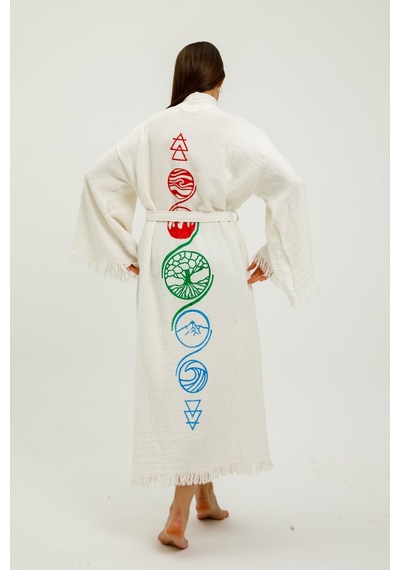 Befera Müslin Kimono Pamuklu Hayat Ağacı Baskılı Desenli Bornoz Kaftan Sabahlık Beyaz