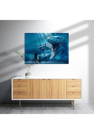 Cakasepetim Megalodon Büyük Beyaz Köpek Balığı Ve İnsan Ahşap Mdf Tablo