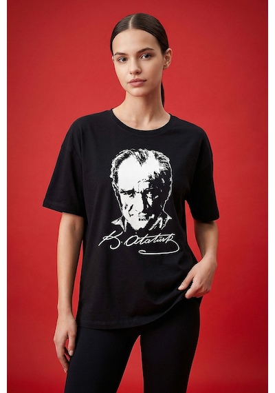 Tommy Life Siyah Ay Yıldız Baskılı Unisex T-shirt - 88510