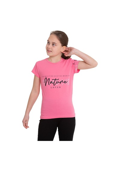 Pembe Nature Baskılı Bisiklet Yaka 5-12 Yaş Tişört 2037-1 Pembe