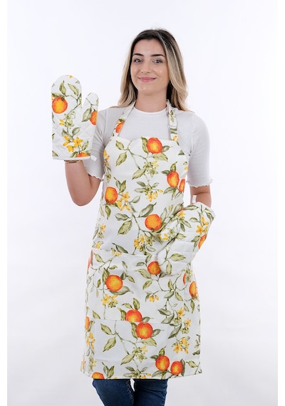 Sweet 3lü Set Ayarlanabilir Askılı Cepli Mutfak Önlüğü Seti 2 Eldiven Şeftali