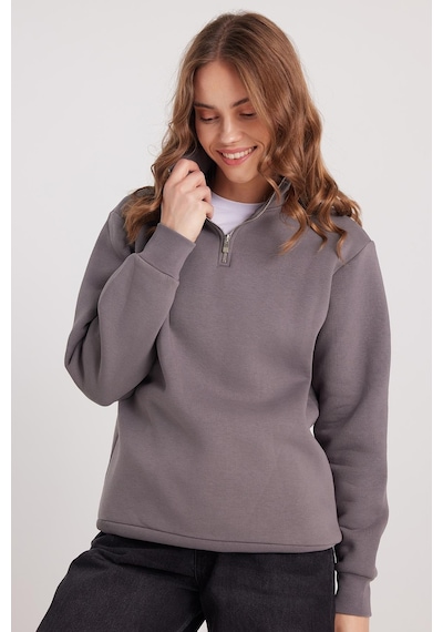Tudors Kadın Relax Fit Rahat Kesim Pamuklu İçi Polarlı Yarım Fermuarlı Gri Dik Yaka Sweatshirt-37894 Gri