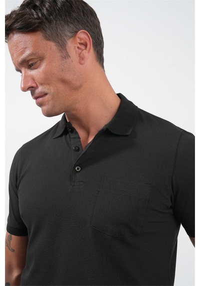 İmza Siyah Polo Yaka Kısa Kol Cepli Comfort Fit Pamuklu Tişört 1011260155