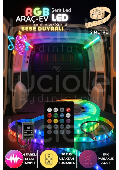 Lumidrive 2m Rgb 5050 Led Şerit Müzik Algılayıcılı 20 Tuş Kumanda, Ses Kontrollü Işık Sistemi