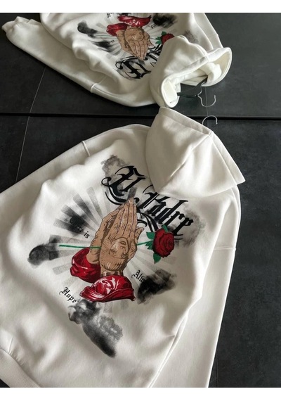 Valensdesign Üç İplik Penye Uzun Kol Kapşonlu Baskılı Sweatshirt - Beyaz