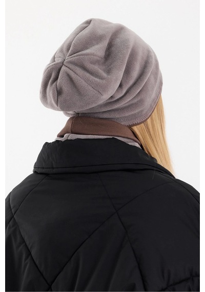 Butikgiz Kadın Dış Kısım Polar, İç Kısım Kaşkorse Pamuklu, Çift Renk, Çift Kat, Katlanabilir Bere Boyunluk Set Gri-kahverengi