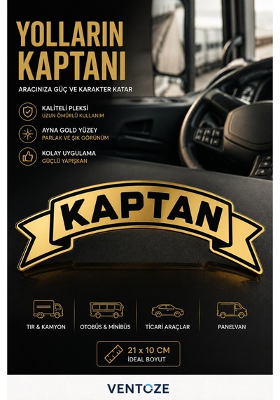 Kaptan Kendinden Yapışkanlı Pleksi Sticker Ayna Gold Araç Süsü Tır Kamyon Servis Aracı 21x10 Cm