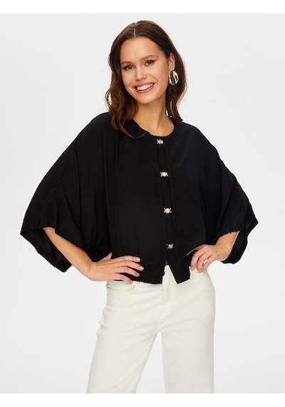 Faik Sönmez Gold Düğme Detaylı Dökümlü Rayon Bluz W26blz006 Uw26blz00610 Siyah