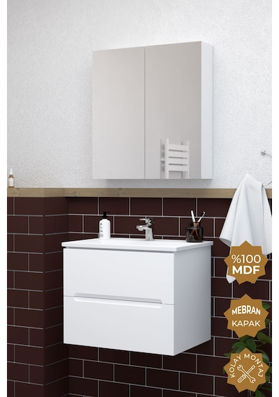 Teta Home Kopenhag 65 Cm Mdf Gövde Membran Kapak Banyo Dolabı Seti Beyaz