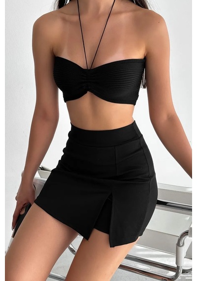 Slim'n Lift Yüksek Bel Slim Fit Mini Şort Etek Kadın Siyah Toparlayıcı Spor Günlük Siyah Şort