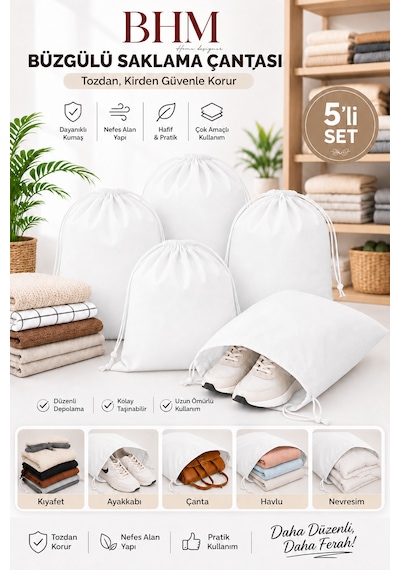 5'li Büzgülü Saklama Çantası 35x45 Cm Nefes Alan Ayakkabı Kılıfı Toz Koruyucu Organizer Beyaz