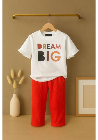Genel Markalar Luniva Butik Dream Big Baskılı Kız Çocuk Fırfır Kollu Tişört Ve Bol Paça Pantolon 2'li Takım Kırmızı