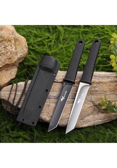 Valkyrie - Paslanmaz Soğuk Çelik Tırtıklı 9cr18 Boyun Askılı Kılıflı Kamp Av Bıçağı Gümüş Gümüş