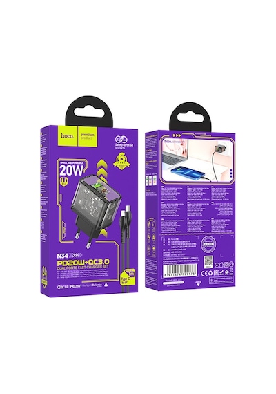 Hoco N34 PD20W USB + Type-C + Lightning Kablo Hızlı Şarj Adaptör Seti