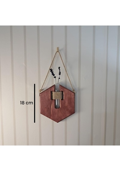 Tr Rustik Altıgen Ahşap Duvar Saksısı, El Yapımı Çam, 18x18 Cm, Cam Tüp Vazolu, İp Detaylı, Dekoratif Ev Akses Diğer 43240753