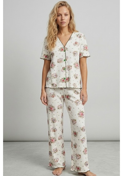 Siyah İnci Yumuşak Tuşe Yazlık Fitilli Pamuklu Örme Pijama Takım 7994 Pembe Büyük Çiçek