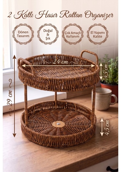 Hasır Rattan 2 Katlı Organizer Ve Sunumluk Sepeti Dekoratif Yuvarlak Hasır Meyvelik, Kahvaltılık, Mutfak Düzenleyici, Banyo Organizer, Tezgah Üstü Düzenleyici 24 X 29 Cm Kahverengi Kahverengi Hasır Rattan 2 Katlı Organizer Ve Sunumluk Sepeti Dekoratif Yuvarlak Hasır Meyvelik, Kahvaltılık, Mutfak Düzenleyici, Banyo Organizer, Tezgah Üstü Düzenleyici 24 X 29 Cm Kahverengi Kahverengi