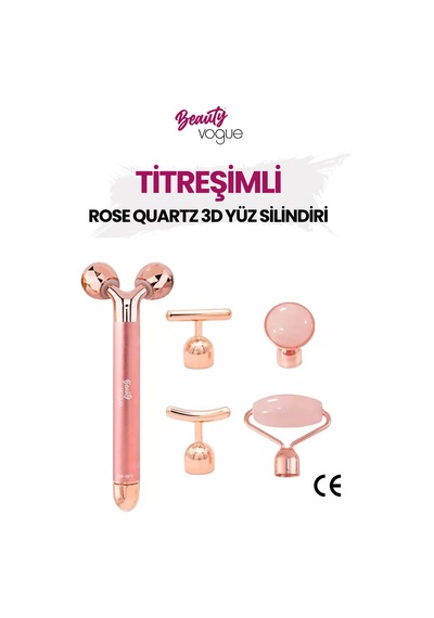 Titreşimli Rose Pembe Quartz Taşı 3d Yüz Masaj Silindiri 5 Başlıklı Cilt Bakım Cihazı Profesyonel Bej