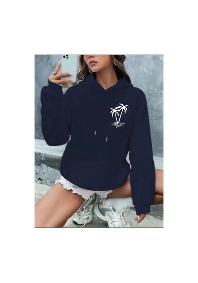 Medinenur Palmiye Baskılı Cepli Kapüşonlu Sweatshirt Lacivert