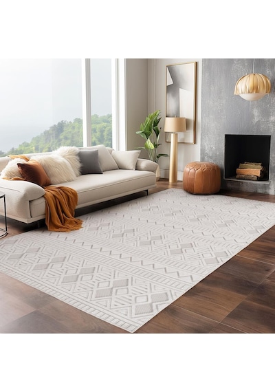 Modern Krem Renkli İskandinav Desenli Bohem Salon Mutfak Mekan Teras Balkon Oda Ve Çocuk Halısı Oymalı Halı Krem